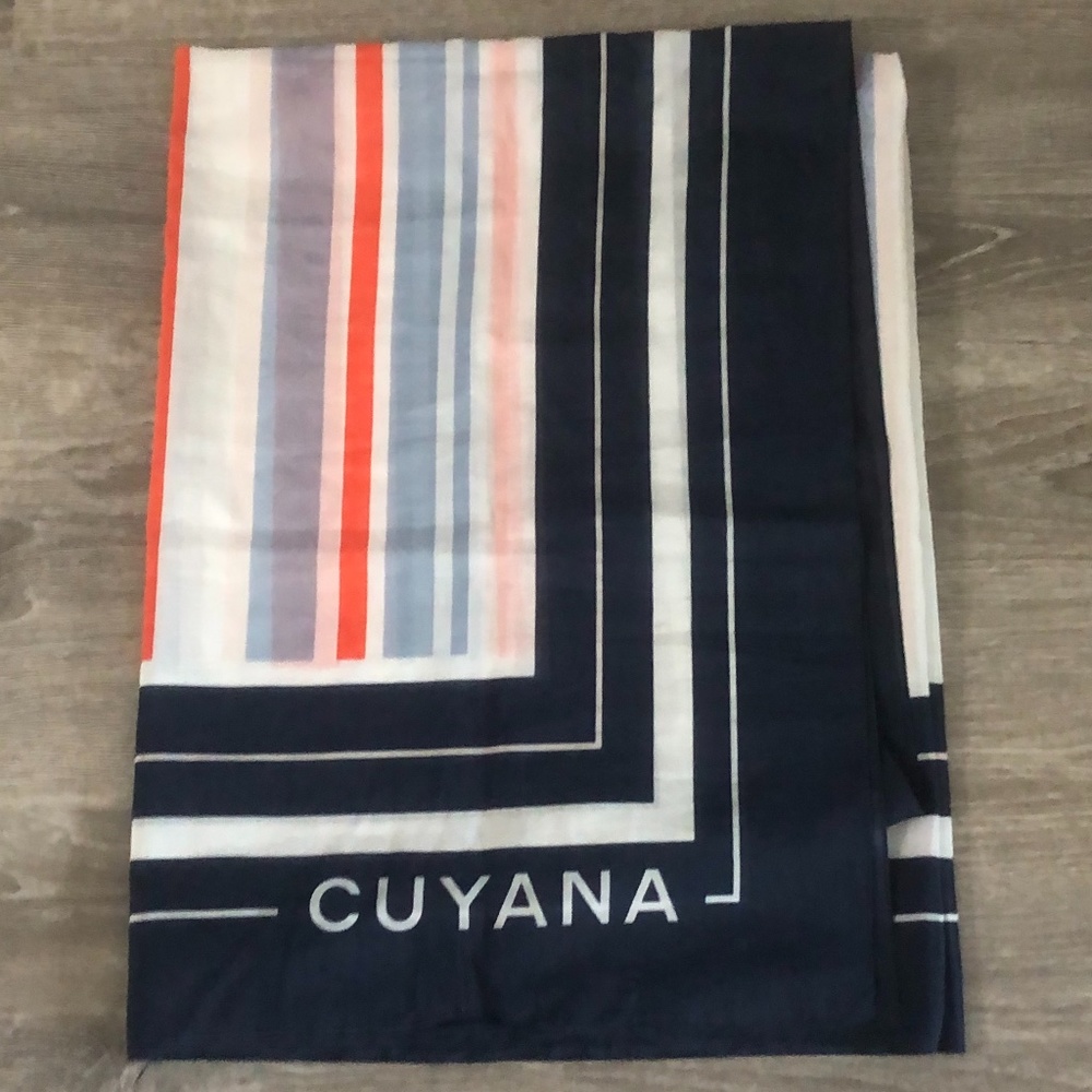 Cuyana Large Navy Blue Orange/Pink/White Striped Cotton/Silk Long Scarf
